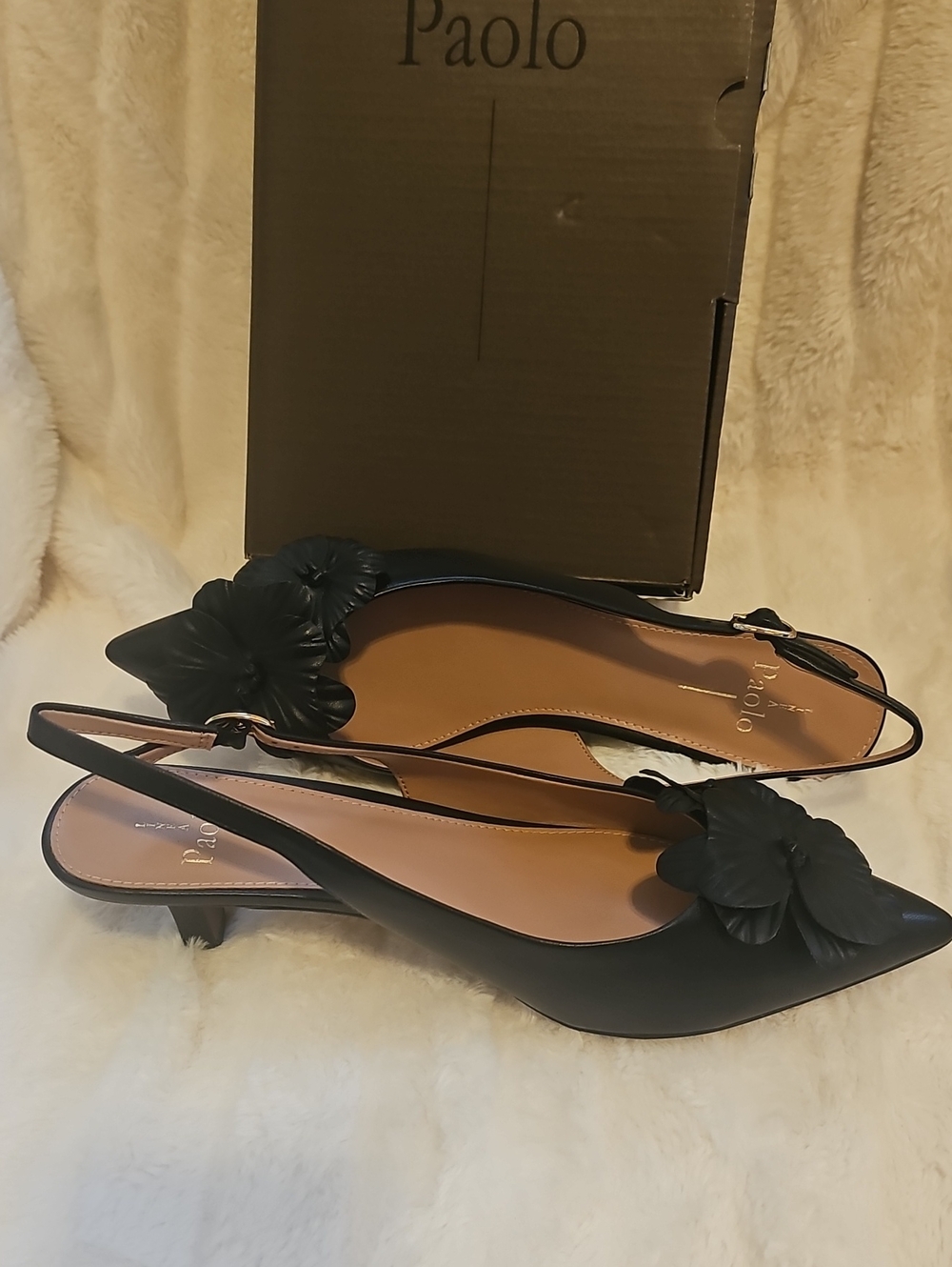 Paolo Black Leather Slingback Pointed Toe Heels with Floral Appliqué